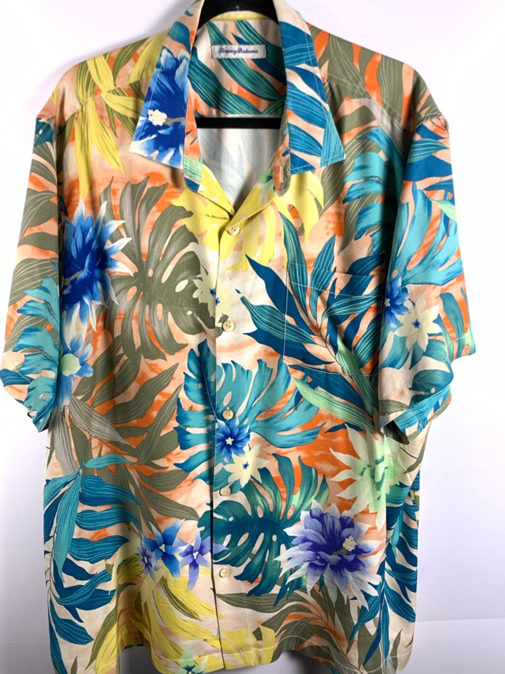 Tommy Bahama Silk Shirt XXL Tropical Floral Hawaiian Camp Blue Orange